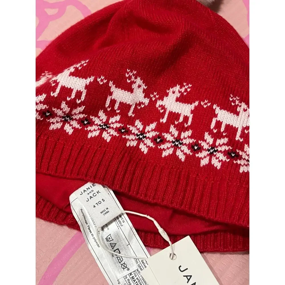NWT❤️Janie and Jack Reindeer Fair Pom Beanie sz4/5